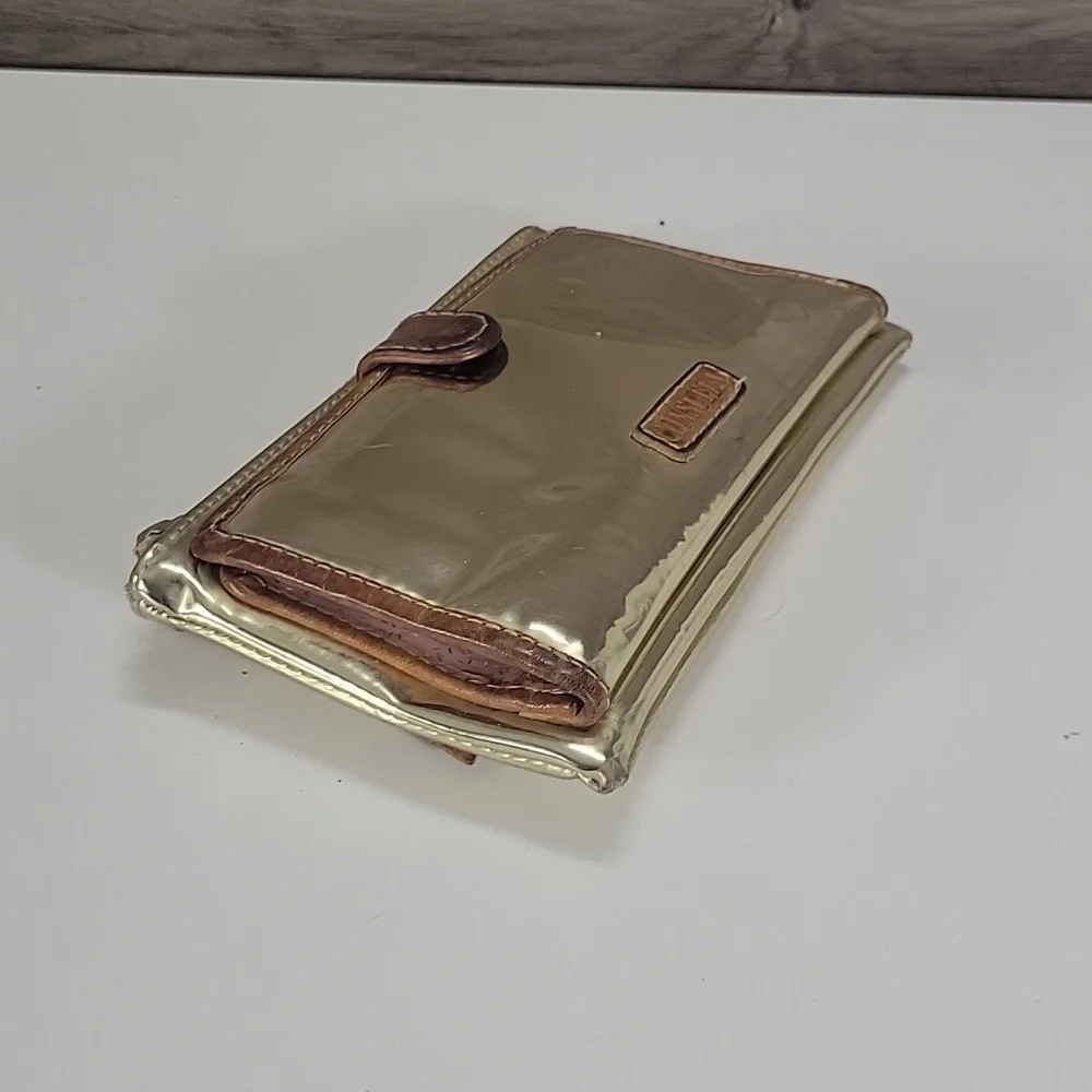 Consuela Metallic Gold PVC Clutch Wallet with Brown Leather Trim